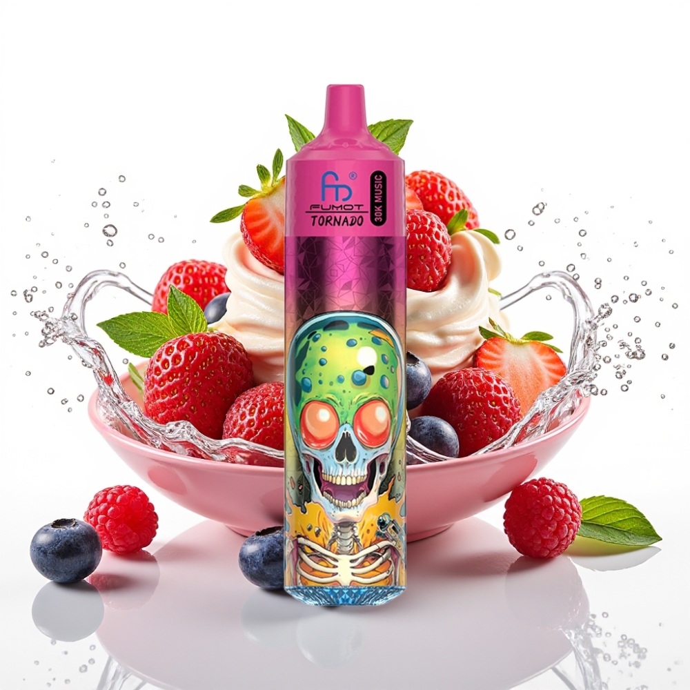 Fumot RandM Tornado 30000 Puffs Disposable Vape Blåbär Jordgubb Hallon Glass 30mL 5%
