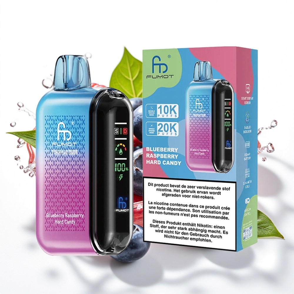 Fumot Tornado 20000 Puffs Blåbär Hallon Hårdgodis Disposable Vape med Smart Display