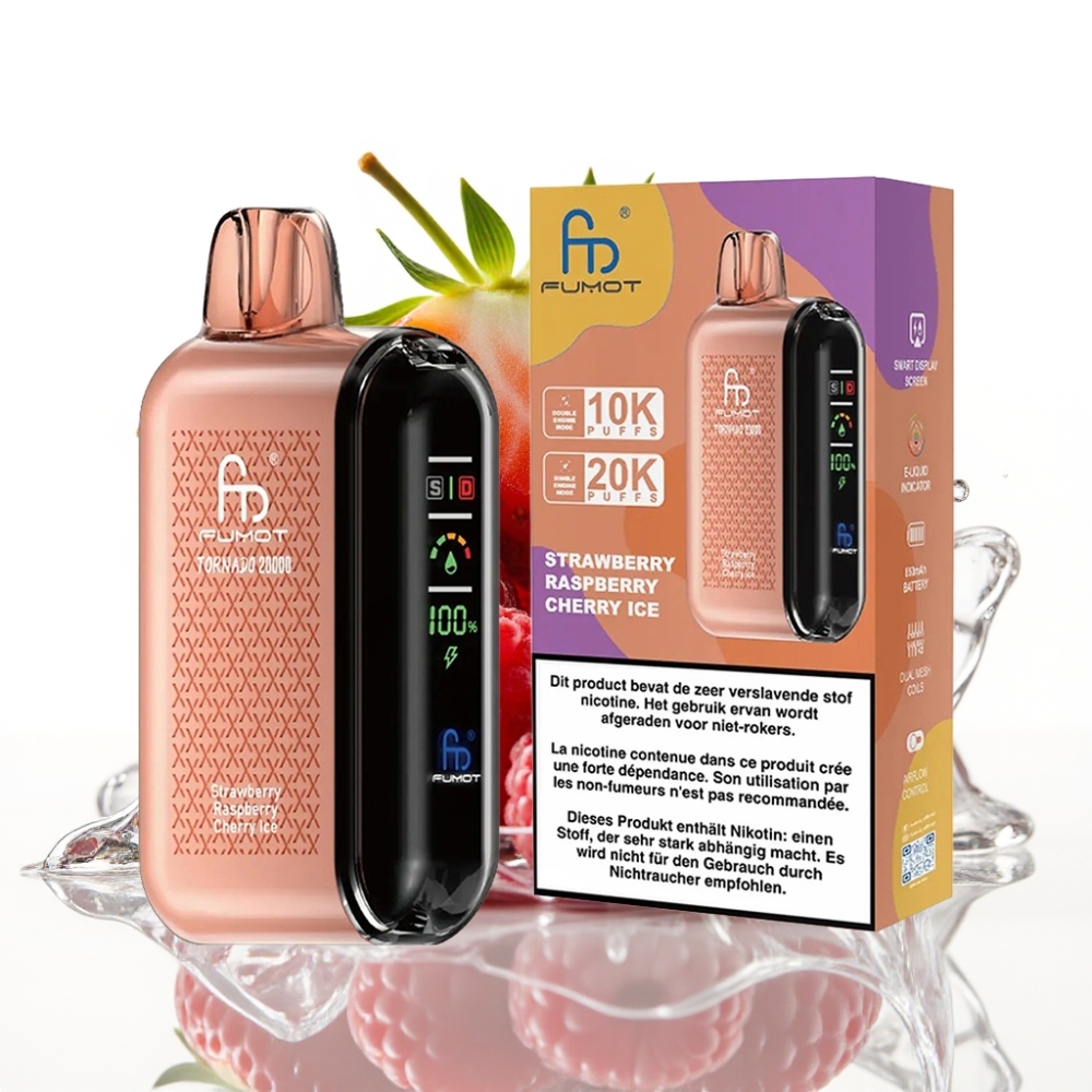 Fumot Tornado 20000 Puffs Disposable Vape Jordgubb Hallon Körsbär Is med Smart Display