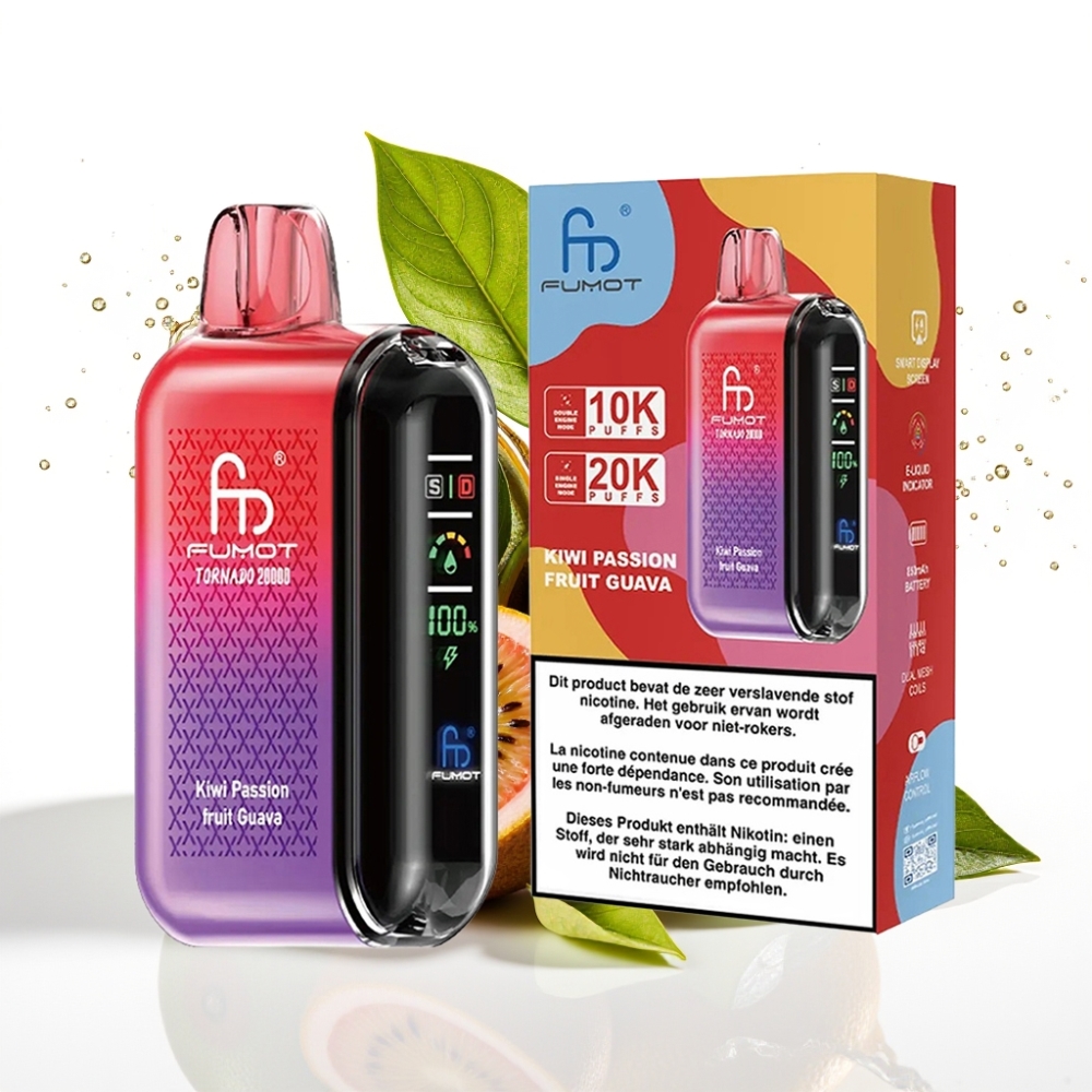 Fumot Tornado 20000 Puffs Disposable Vape Kiwi Passionsfrukt Guava med 20ml E-liquid och 850mAh Batteri