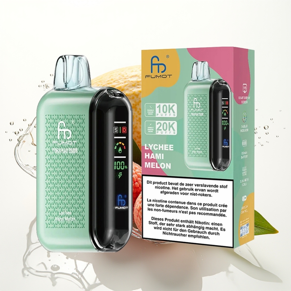Fumot Tornado 20000 Puffs Disposable Vape Litchi Hami Melon med Dual Mesh Coil