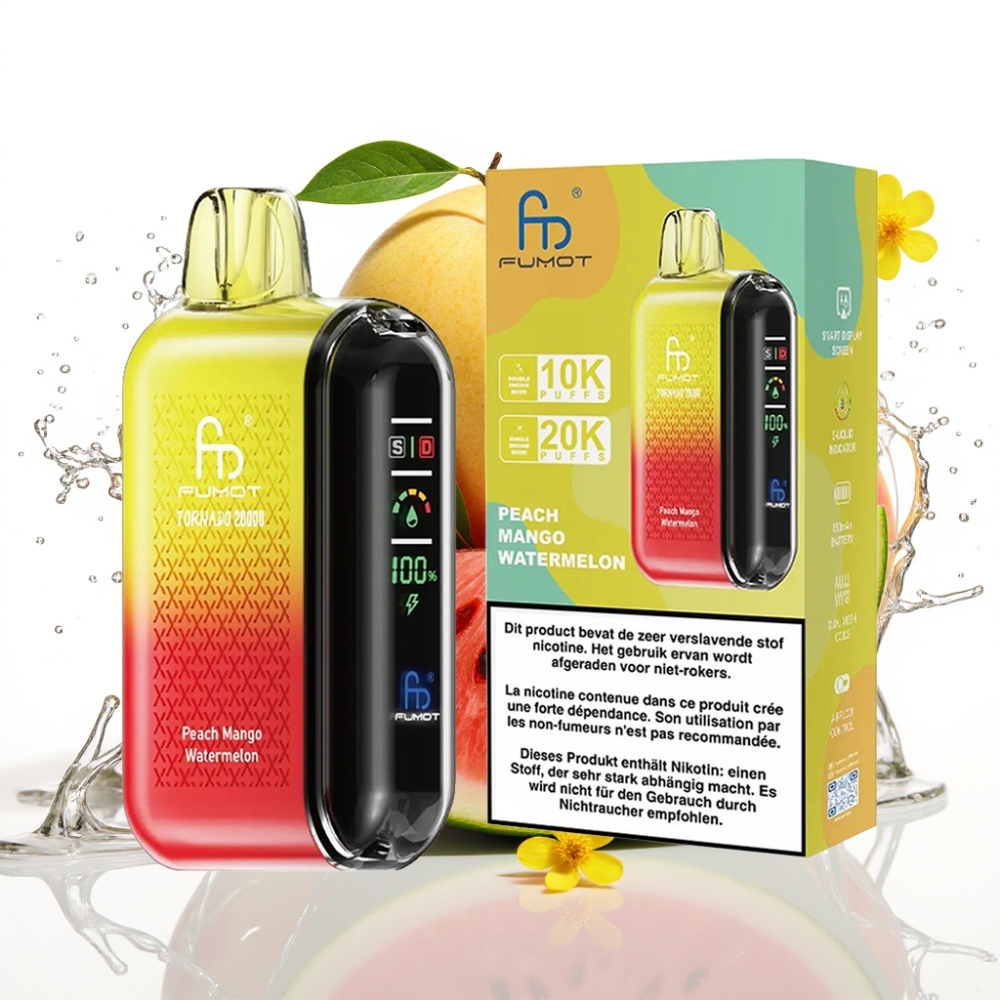 Fumot Tornado 20000 Puffs Disposable Vape Persika Mango Vattenmelon med Smart Display och Luftflödeskontroll