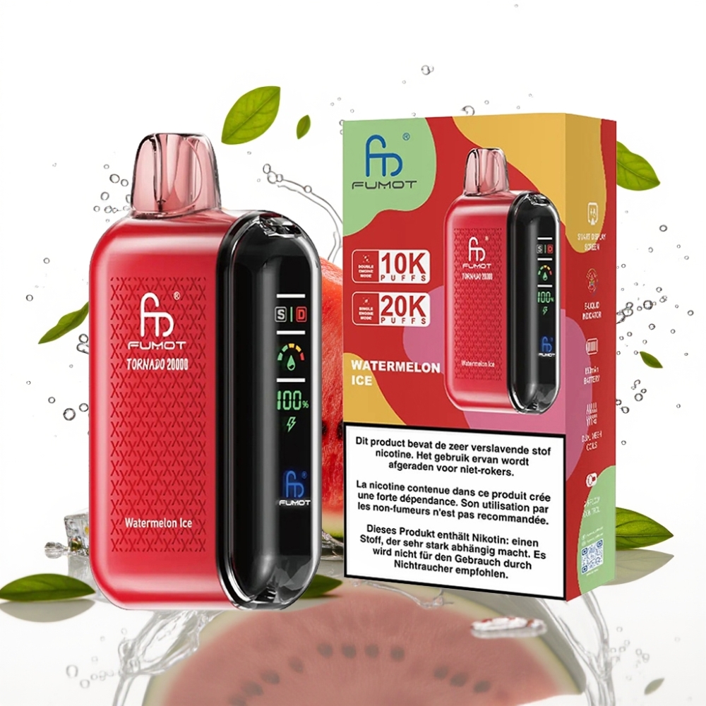 Fumot Tornado 20000 Puffs Disposable Vape Vattenmelon Is med Dual Mesh Coil och Smart Display