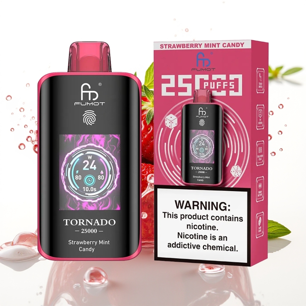 Fumot Tornado 25000 Puffs Disposable Vape Jordgubbe Mint Godis med HD Skärm