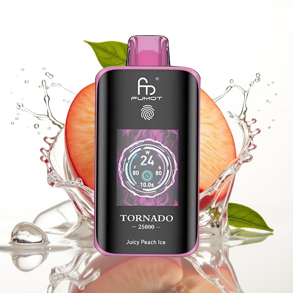 Fumot Tornado 25000 Puffs Disposable Vape Saftig Persika Is med HD Skärm & 700mAh Batteri