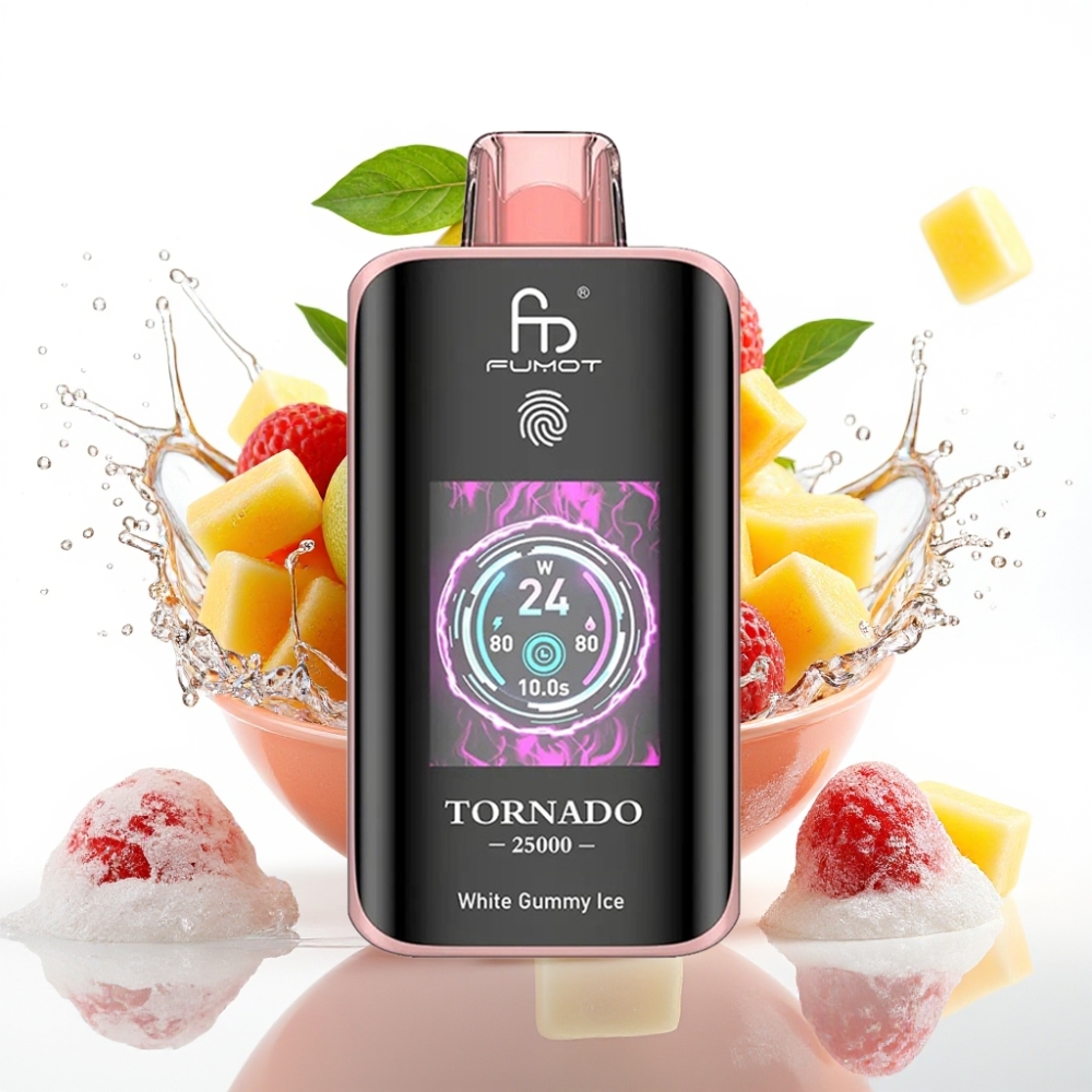 Fumot Tornado 25000 Puffs Vit Gummy Is Disposable Vape med HD-skärm & 700mAh batteri