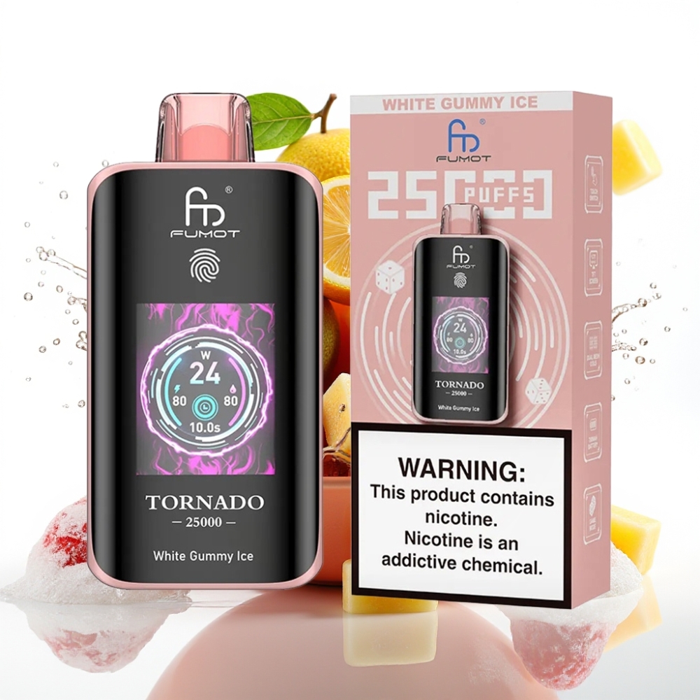 Fumot Tornado 25000 Puffs Vit Gummy Is Disposable Vape med HD-skärm & 700mAh batteri