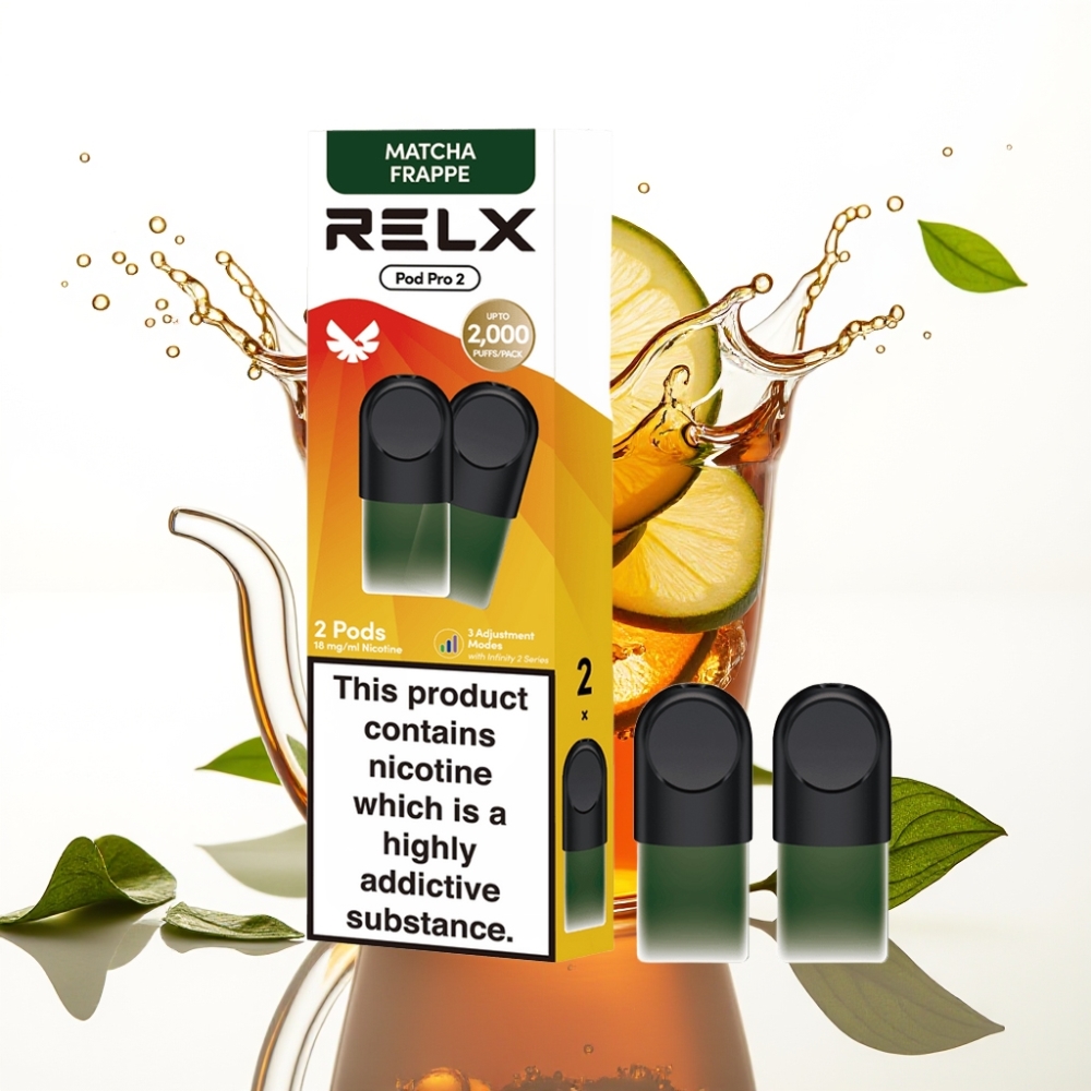 RELX Pod Pro 2 Vape-enhet med 1,8% Nikotin Te-Matcha Frappé och 600 puffar